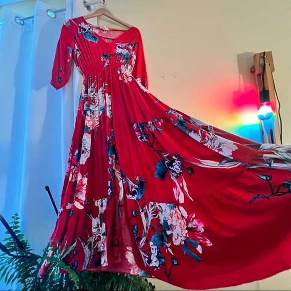Red Floral Maxi Dress Size L/XL - Picture 1 of 3